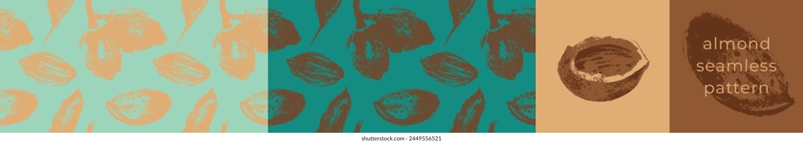 Patrón sin costuras de almendra con ilustraciones dibujadas a mano de nueces de almendra para el Anuncio de Web, embalaje de aceite o diseño de etiquetas de pasta de mazapán. Fondo de bocetos florales de Vector, adorno de almendra. Producto natural.