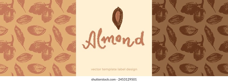 Almond seamless pattern with hand-drawn illustrations of almond nuts for web banner, oil packaging or marzipan paste label design. Vector floral sketches background, almond ornament. Organic product.