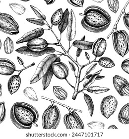 Almond seamless pattern. Healthy food background. Almond nut tree sketches. Hand-drawn vector illustration. NOT AI generated