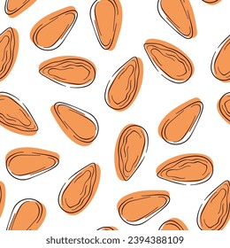 Almond seamless pattern in line art flat style. Hand drawn, sketches, engraved. Vector illustration on a white background.