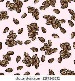 Almond seamless pattern on pink background. Vector illustration for ads, menu and web banner designs. Organic and healthy food concept.