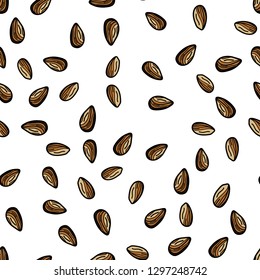 Almond seamless pattern on white background. Vector illustration for ads, menu and web banner designs. Organic and healthy food concept.