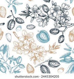 Almond seamless pattern. Spring background. Floral texture. Blooming branches, nuts, flower  sketches. Hand-drawn vector illustration. NOT AI generated