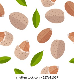 Almond seamless pattern vector in flat design. Traditional snack. Healthy food. Nut ornament for wallpapers, polygraphy, textiles, web page design, surface textures. Isolated on white background.