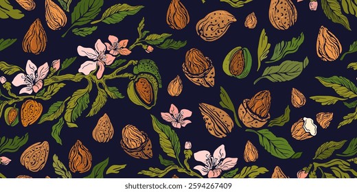 Almond seamless print. Vector green branch, aroma nuts, flowers and texture leaves. Vintage floral engraved illustration. Botanical nature form. Aroma oil, organic protein, vegan food. Art fabric