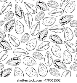 Almond. Seamless Vector Pattern. Outline Hand Drawn Illustration. Black And White Food Background.