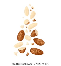 Almond set featuring whole nuts, halves, pieces, and flakes. Ideal for healthy food themes, baking, desserts, plantbased diets, packaging, recipes, and nutrition projects.