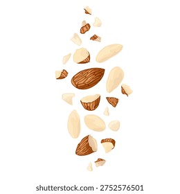Almond set featuring whole nuts, halves, pieces, and flakes. Ideal for healthy food themes, baking, desserts, plantbased diets, packaging, recipes, and nutrition projects.