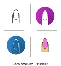 Almond shaped nail icon. Flat design, linear and color styles. Classic manicure. Isolated vector illustrations