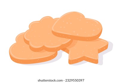 Almond shortbread cookies. Cartoon homemade tasty cookies, delicious, buttery and crumbly cookies of various shapes flat vector illustration