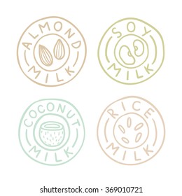 Almond, Soy, Coconut, Rice Milk Badges. Vector Hand Drawn Illustration