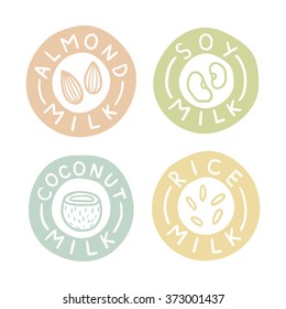 Almond, soy, coconut, rice milk labels. Vector hand drawn illustration