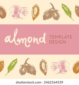 Almond tape for banner background or label template design. Organic almond seamless pattern. Garland almond nuts. Crayon drawings for almonds packaging or marzipan paste tag. Vector floral border.
