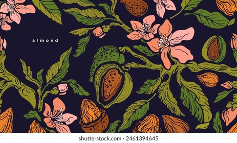 Almendro. Vector Plantilla brillante. Rama verde, aroma a nueces, flor. Fondo de Antiguas, diseño realista del arte. Comida proteica, aceite natural, leche vegana orgánica