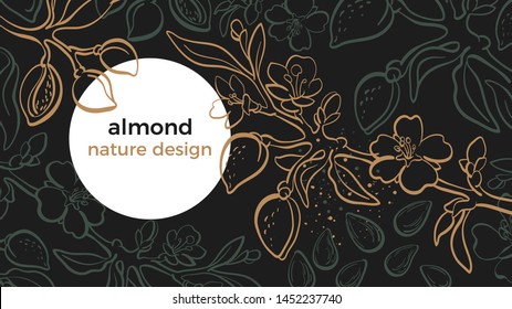 Almond tree. Vector template. Botanical branch, nut, leaf, flower. Tropical night background, moon. Art line design. Floral hand drawn illustration. Vintage graphic sketch. Organic milk, vegan oil 