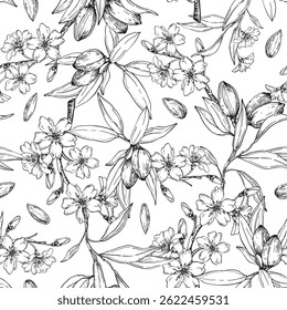 Almond vector seamless pattern hand drawn with ink. Black and white nuts, flowers, branches and leaves. Template for food and drink label design and textile decoration