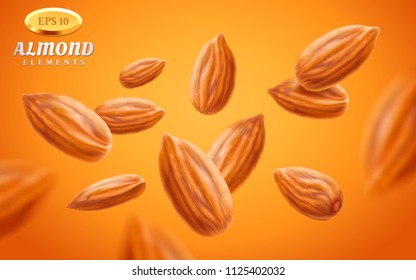 Almond vector set, detailed realistic kernels isolated on warm background. Flying almond nuts in different angles. Natural ingredient element. Healthy food theme. 3d Illustration.