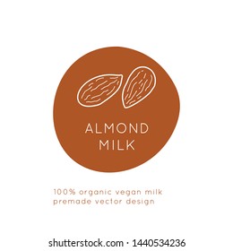 Almond Vegan Milk packaging Vector logo design template with plant icon in linear style. Abstract emblem for organic shop, healthy food store or vegetarian cafe.