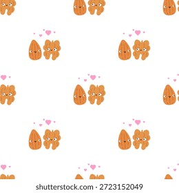 Almendra y nogal amigos Vector de patrón sin fisuras. Caracteres lindos de la nuez con los corazones para el empaquetado de la materia textil y de la nuez mezclada de los niños