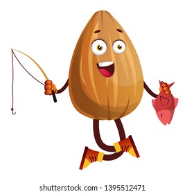 Almond went fishing, caught red colored fish, illustration, vector on white background.