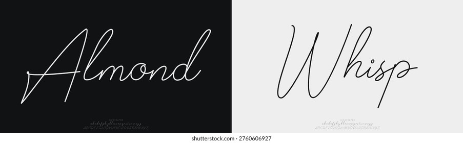 Almond Whisp, Hand drawn vector alphabet. Modern monoline signature script font. Elegant Signature Font. Best Alphabet Beautiful Calligraphy Signature Font
