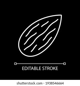 Almond white linear icon for dark theme. Raw nut. Nutrient food for healthy eating. Thin line customizable illustration. Isolated vector contour symbol for night mode. Editable stroke