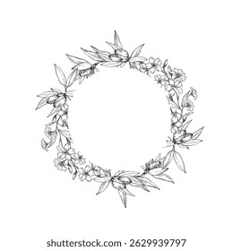 Mandelkranz, Vektorgrafiken, handgezeichnet mit Tinte.Runder Rand mit schwarz-weißen Nüssen, Blumen, Ästen und Blättern. Muster für die Gestaltung von Etiketten für Lebensmittel und Getränke