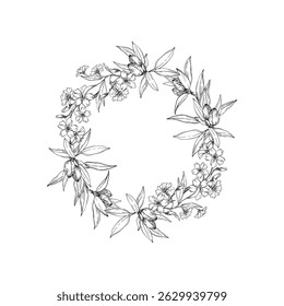 Almond wreath vector illustrations hand drawn with ink.Round border with black and white nuts, flowers, branches and leaves. Template for food and drink label design