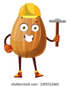 Almond with yellow helmet on his head and tool in his hand, illustration, vector on white background.
