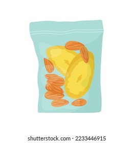 Almonds and banana slices in plastic pack vector illustration. Packaging with nuts and pieces of fruit or healthy snack for lunch at school or office on white background. Lunch break, food concept