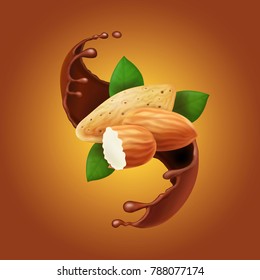 Almonds in chocolate splash. Cocoa flow and nuts realistic Vector illustration