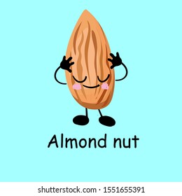 Almonds. Cute nut character with hands and eyes. Cartoon fruit or vegetable. Useful vegan food