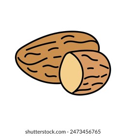 Almonds in doodle style. Vector isolated on yellow background