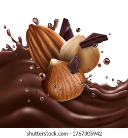 Almonds and hazelnuts with chocolate pieces on a chocolate wave.