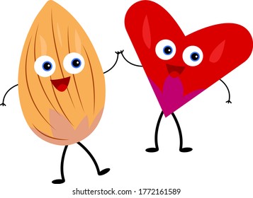 almonds and heart funny cartoon characters laughing and holding hands on a white background concept of healthy food