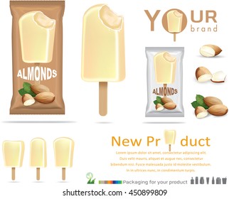 almonds ice cream with packaging design.Plastic Pack Template for your design and branding. Vector