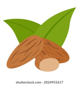 Almonds with leaves flat icon isolated on white background