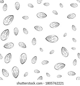 Los almendros alinean un patrón sin fisuras en la ilustración de vectores a mano con semillas de almendras pequeñas y grandes sobre fondo blanco