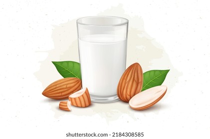 Almonds Nuts and Milk Vector illustration with green leaves 