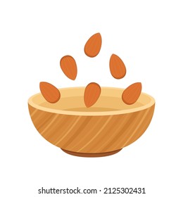 Almonds on Wood bowl in White background. Almonds and Bowl vector.