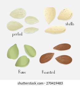 Almonds, raw, roasted, green, pealed.