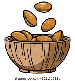 almonds in wooden bowl healthy snack isolated vector illustration on white background