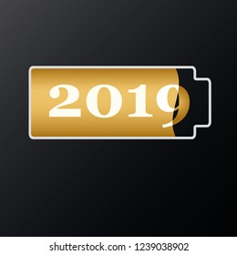 An almost charged battery indicates the upcoming 2019 on the New Year's black background.