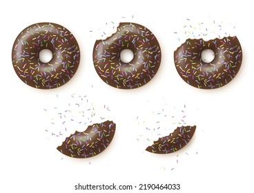 Almost eaten chocolate brown icing glaze donuts set top view realistic vector illustration. Bitten sweet sugar doughnuts circle candy rings with hole. Creamy appetizing delicious dessert junk snack