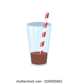 Vidrio casi vacío de chocolate bebe ilustración plana vectorial. Dibujo de dibujos animados de una taza con cacao, leche de chocolate, cóctel o batido con paja sobre fondo blanco. Bebida, comida, postre concepto