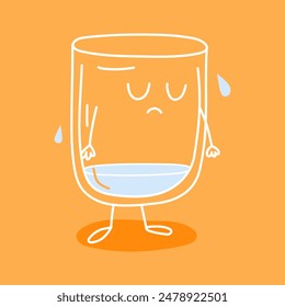 Almost empty glass. Sad dehydrated glass character in hot weather. Hydration concept. Drink more water