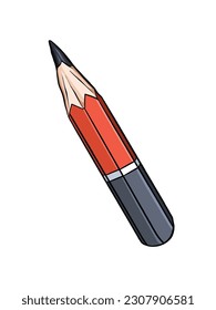 Almost finished red and black short classic wooden graphite pencil vector illustration isolated on vertical white background. Simple flat outlined cartoon art styled drawing.