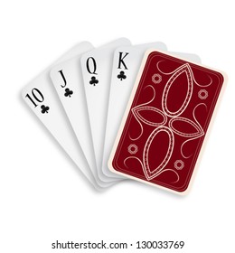 almost a royal flush clubs against white background, abstract vector art illustration; image contains transparency