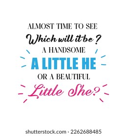 Almost time to see Which will it be ? A handsome a little he or a beautiful little she ? Gender reveal party card, banner vector element design