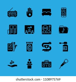 alms, smartphone, microphone, music folder, bed, turntable, presentation, radio and pharmacy vector icon. Simple icons set
